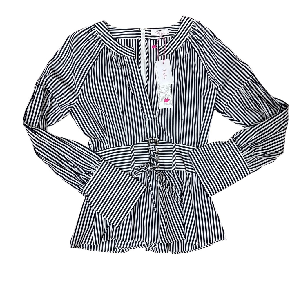 Parker Black White Stripe Peplum Corset Cotton Waist Blouse Women XS Long Sleeve